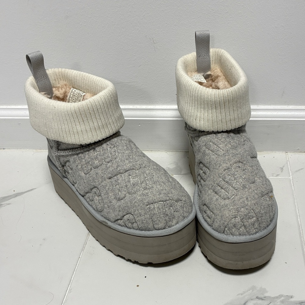 UGG Light Gray Platform Boots with Cream Fold-Over Cuff